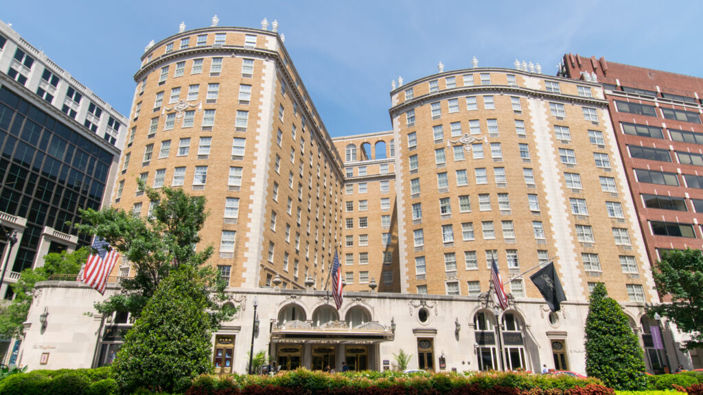 Looking up at the Mayflower Hotel in Washington, DC.